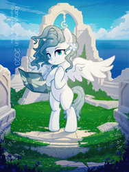 Size: 3000x4000 | Tagged: safe, derpibooru import, alicorn, belly, bipedal, cel shading, colored, eyebrows, female, hooves on chest, looking at you, mare, outdoors, round belly, ruins, shading, solo, spread wings, standing, white coat, wings