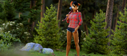 Size: 5000x2222 | Tagged: safe, artist:dark-fic, derpibooru import, oc, oc only, anthro, earth pony, 3d, axe, blender, blender cycles, clothes, female, flannel, flower, forest, grass, high res, lumberjack, nature, rock, shorts, solo, tree, weapon