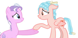 Size: 749x370 | Tagged: safe, artist:diana173076, derpibooru import, cozy glow, diamond tiara, earth pony, pegasus, pony, g4, a better ending for cozy, duo, female, hoof hold, mare, older, older cozy glow, older diamond tiara, redemption, reformed cozy glow, simple background, white background