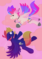 Size: 3035x4299 | Tagged: safe, artist:pedalspony, derpibooru import, oc, oc:cloud quake, oc:pedals, pegasus, bracelet, choker, colored hooves, colored wings, dialogue, dock, dock piercing, ear piercing, earring, falling, female, garter, jewelry, not zipp storm, onomatopoeia, piercing, speed lines, tail, tail piercing, trans female, transgender, wings