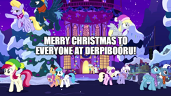 Size: 888x499 | Tagged: safe, derpibooru import, edit, edited screencap, screencap, burning passion, cherry cola, cherry fizzy, cloud kicker, derpy hooves, heart pacer, lightning bolt, love sketch, mayor mare, millie, roseluck, star hunter, strawberry swing, white lightning, earth pony, pegasus, pony, best gift ever, g4, background pony, christmas, clothes, earmuffs, female, filly, flying, foal, hat, hearth's warming tree, holiday, male, mare, night, ponyville, ponyville town hall, scarf, snow, snowfall, stallion, the true gift of gifting, town hall, tree, windsweep, winter