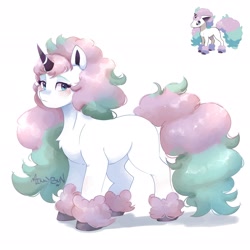 Size: 2048x2048 | Tagged: safe, artist:mikkybun, derpibooru import, pony, unicorn, blushing, chest fluff, crossover, female, galarian ponyta, looking at you, mare, pokémon, ponified, ponyta, signature, simple background, solo, species swap, white background