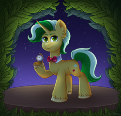 Size: 4400x4200 | Tagged: safe, artist:madelinne, derpibooru import, oc, oc only, unicorn, horn, leaves, night, pocket watch, sky, solo, stage, stars, unicorn oc