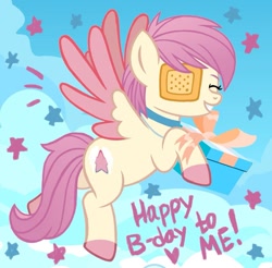 Size: 1280x1260 | Tagged: safe, artist:jennieoo, derpibooru import, oc, pegasus, pony, birthday, birthday gift, cloud, eyepatch, flying, happy, show accurate, sketch, solo