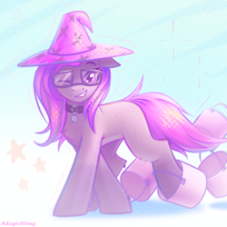 Size: 2000x2000 | Tagged: safe, artist:adagiostring, derpibooru import, oc, oc only, earth pony, commission, cute, earth pony oc, female, glasses, hat, looking at you, one eye closed, purple mane, solo, walking, wink