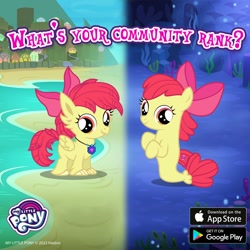Size: 1080x1080 | Tagged: safe, derpibooru import, apple bloom, hippogriff, seapony (g4), g4, beach, bubble, coral, crepuscular rays, cute, dorsal fin, female, filly, fin, fish tail, flowing mane, flowing tail, foal, game screencap, gameloft, hippogriffied, jewelry, looking at you, ocean, pendant, race swap, ribbon, seaponified, seapony apple bloom, seaquestria, seaweed, smiling, smiling at you, solo, species swap, sunlight, tail, text, underwater, water