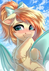 Size: 2500x3600 | Tagged: safe, artist:hakaina, derpibooru import, oc, oc only, oc:sunshine drift, bat pony, bat eyes, bat pony oc, blushing, bow, bust, chest fluff, commission, ear fluff, ears, ears back, fangs, female, hair bow, mare, portrait, raised hoof, raised leg, sitting, smiling, solo, unshorn fetlocks, wings, ych result