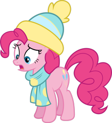 Size: 8818x9640 | Tagged: safe, artist:starryshineviolet, derpibooru import, pinkie pie, earth pony, pony, best gift ever, g4, absurd resolution, beanie, clothes, eyebrows, female, hat, mare, open mouth, raised eyebrow, scarf, simple background, solo, transparent background, vector, winter outfit, worried