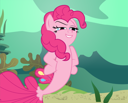 Size: 998x805 | Tagged: safe, artist:mlp-silver-quill, derpibooru import, pinkie pie, earth pony, seapony (g4), comic:pinkie pie says goodnight, g4, crepuscular rays, dorsal fin, female, fin, fish tail, flowing mane, flowing tail, hooves on hips, mare, ocean, seaponified, seapony pinkie pie, seaweed, smiling, solo, species swap, sunlight, swimming, tail, underwater, water