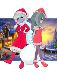 Size: 1470x1960 | Tagged: safe, artist:batipin, derpibooru import, edit, limestone pie, marble pie, equestria girls, g4, christmas, clothes, costume, duo, female, holiday, santa costume, siblings, sisters