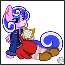 Size: 2000x2000 | Tagged: safe, artist:dice-warwick, derpibooru import, oc, oc only, oc:harp melody, original species, fallout equestria, fallout equestria: desperados, clothes, dress, fanfic art, female, harp, horn, jacket, mare, mirage pony, musical instrument, pipbuck, simple background, small horn, small wings, solo, stockings, thigh highs, transparent background, wings