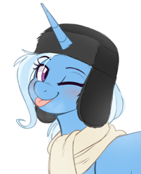 Size: 514x637 | Tagged: safe, artist:higglytownhero, derpibooru import, trixie, pony, unicorn, g4, :p, ;p, blushing, breath, bust, clothes, eyebrows, eyebrows visible through hair, female, hat, looking at you, one eye closed, portrait, raspberry, scarf, simple background, smiling, solo, tongue, tongue out, ushanka, white background, wink