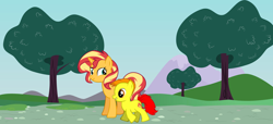 Size: 1024x468 | Tagged: safe, artist:horseboy223, derpibooru import, sunset shimmer, oc, oc:blazefire, unicorn, g4, child, daytime, female, foal, grass, gritted teeth, hill, kid, male, male and female, mom, mother, mother and child, mother and son, mountain, parent, parent and child, parent:sunset shimmer, road, smiling, son, teeth, tree