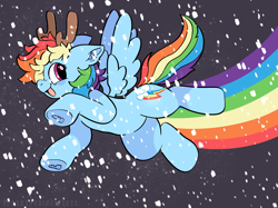 Size: 2732x2048 | Tagged: safe, artist:spookyfoxinc, derpibooru import, rainbow dash, pegasus, g4, antlers, female, flying, rainbow trail, reindeer antlers, snow, snowfall, solo, stars, winter