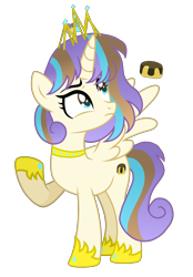 Size: 1873x2689 | Tagged: safe, artist:princess--gracie, derpibooru import, oc, oc only, oc:carmel cake, alicorn, pony, g4, adoptable, base used, crown, female, head turn, hoof shoes, jewelry, mare, offspring, parent:pound cake, parent:princess flurry heart, parents:poundflurry, princess shoes, raised hoof, raised leg, regalia, simple background, solo, transparent background