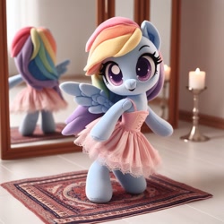 Size: 1024x1024 | Tagged: safe, ai content, derpibooru import, generator:dall-e 3, machine learning generated, rainbow dash, anthro, pegasus, pony, unguligrade anthro, g4, candle, carpet, clothes, dress, female, mare, mirror, plushie, prompter:morishy1000, rainbow dash always dresses in style, reflection