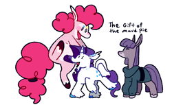 Size: 1280x800 | Tagged: safe, artist:goatpaste, derpibooru import, maud pie, pinkie pie, rarity, earth pony, pony, unicorn, g4, season 6, the gift of the maud pie, alternate design, bipedal, clothes, coat markings, colored hooves, female, happy, jumping, leonine tail, looking at each other, looking at someone, mare, open mouth, open smile, pale belly, pie sisters, shirt, siblings, simple background, sisters, smiling, socks (coat marking), tail, trio, trio female, unshorn fetlocks, white background