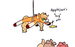 Size: 1280x800 | Tagged: safe, artist:goatpaste, derpibooru import, applejack, earth pony, pig, pony, applejack's "day" off, g4, season 6, carrot, carrot on a stick, coat markings, colored hooves, female, food, gritted teeth, group, hanging, looking up, mare, mouth hold, quartet, rope, simple background, smiling, socks (coat marking), teeth, unshorn fetlocks, white background