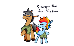 Size: 1280x800 | Tagged: safe, artist:goatpaste, derpibooru import, quibble pants, rainbow dash, earth pony, pegasus, pony, g4, season 6, stranger than fan fiction, annoyed, clothes, colored hooves, duo, duo male and female, female, frown, hoof on chest, looking at each other, looking at someone, male, mare, open mouth, outfit, quibble pants is not amused, rainbow dash is not amused, shirt, simple background, stallion, unamused, unshorn fetlocks, white background