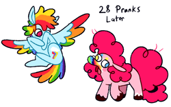 Size: 1280x800 | Tagged: safe, artist:goatpaste, derpibooru import, pinkie pie, rainbow dash, earth pony, pegasus, pony, 28 pranks later, g4, season 6, colored hooves, cookie zombie, derp, duo, duo female, female, heterochromia, hiding face, mare, open mouth, scared, simple background, spread wings, surprised, tongue, tongue out, unshorn fetlocks, white background, wings