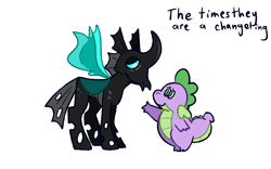 Size: 1280x800 | Tagged: safe, artist:goatpaste, derpibooru import, spike, thorax, changeling, dragon, g4, season 6, the times they are a changeling, curved horn, cute, duo, duo male, fangs, friendship, horn, insect wings, male, reaching, simple background, smiling, spikabetes, spread wings, thorabetes, white background, wings