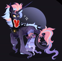 Size: 1920x1902 | Tagged: safe, artist:kabuvee, derpibooru import, oc, pony, unicorn, coat markings, concave belly, eating, female, food, hoof fluff, horn, impossibly large horn, leonine tail, long horn, long tail, mare, meat, mouth hold, ponies eating meat, raised hoof, raised leg, solo, standing, tail