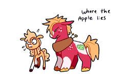 Size: 1280x800 | Tagged: safe, artist:goatpaste, derpibooru import, applejack, big macintosh, earth pony, pony, g4, season 6, where the apple lies, angry, big macintosh is not amused, brother and sister, coat markings, colored hooves, duo, duo male and female, ears, emanata, female, floppy ears, freckles, frown, looking at someone, male, pigtails, plewds, scrunchy face, siblings, simple background, socks (coat marking), sweat, sweatdrops, teenage applejack, teenage big macintosh, teenager, unamused, unshorn fetlocks, white background, younger
