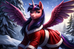 Size: 768x512 | Tagged: safe, ai content, derpibooru import, machine learning generated, twilight sparkle, twilight sparkle (alicorn), alicorn, pony, g4, christmas, clothes, costume, female, holiday, looking at you, mare, perchance.org, santa costume, snow, solo, spread wings, tree, wings