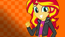 Size: 3840x2160 | Tagged: safe, artist:octosquish7260, derpibooru import, sunset shimmer, human, equestria girls, g4, checkered background, clothes, female, solo