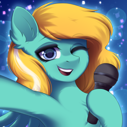 Size: 1500x1500 | Tagged: safe, artist:alunedoodle, derpibooru import, oc, pegasus, pony, bust, confetti, female, looking at you, microphone, one eye closed, portrait, singing, smiling, smiling at you, solo, two toned mane, wink, winking at you