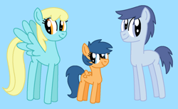 Size: 1228x750 | Tagged: safe, artist:katiesworldofponies36, derpibooru import, first base, sassaflash, earth pony, pegasus, pony, series:my little filly: friendship is magic, g4, adorabase, adult blank flank, background pony, blank flank, blue background, cute, cyan background, daughter, diakleines, family, father, father and child, father and daughter, female, filly, foal, headcanon, klein, male, mare, mother, mother and child, mother and daughter, mother and father, ms paint, parent and child, pegasus first base, race swap, sassabetes, simple background, smiling, stallion