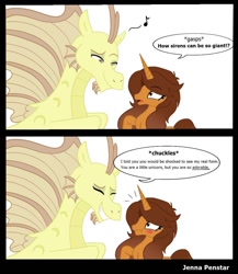 Size: 970x1116 | Tagged: safe, artist:jenna56, derpibooru import, adagio dazzle, allegro amoroso, oc, oc:jenna penstar, pony, siren, unicorn, beard, blushing, comic, dialogue, duo, duo female, eyebrows, facial hair, female, gasp, horn, male, mare, music notes, raised eyebrow, rule 63, simple background, speech, speech bubble, talking, unicorn oc, white background