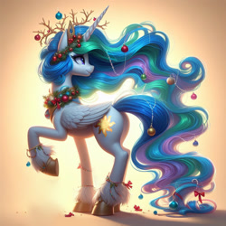 Size: 1024x1024 | Tagged: safe, ai content, derpibooru import, edit, editor:flammerfime, generator:dall-e 3, machine learning generated, princess celestia, alicorn, pony, g4, antlers, backlighting, bauble, butt, christmas ornament, christmas outfit, colored hooves, decoration, female, folded wings, gradient background, horn, looking back, mare, plot, prompter needed, raised hoof, raised leg, ribbon, solo, three quarter view, unshorn fetlocks, windswept mane, wings, wreath