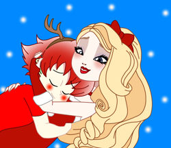 Size: 1228x1060 | Tagged: safe, derpibooru import, spike, human, equestria girls, g4, apple white, christmas, crossover, crossover shipping, ever after high, holiday, hug, human spike, humanized, love, red hair, ship:spikewhite, shipping, sleeping, smiling