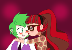 Size: 1709x1204 | Tagged: safe, derpibooru import, spike, human, equestria girls, g4, blushing, crossover, ever after high, hug, human spike, humanized, kiss on the cheek, kissing, rosabella beauty, ship:rospike, smiling, student