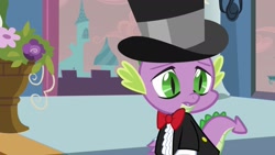Size: 2160x1214 | Tagged: safe, derpibooru import, screencap, spike, dragon, a canterlot wedding, g4, bowtie, canterlot, canterlot castle, clothes, disappointed, flower, force field, hat, marriage, ring bearer, royal wedding, solo, spike's first bow tie, suit, top hat, tuxedo, wedding