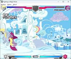 Size: 642x532 | Tagged: safe, artist:fimroots, derpibooru import, derpy hooves, pinkie pie, earth pony, pegasus, fighting is magic, g4, cloudsdale, female, flying, game screencap, mare, pinkamena diane pie, weather factory