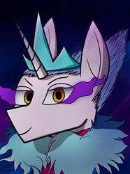 Size: 1248x1680 | Tagged: safe, artist:carolus rex, derpibooru import, oc, oc only, pony, unicorn, equestria at war mod, blue mane, bust, clothes, equestria rises still (equestria at war submod), fur coat, gradient background, jewelry, orange eyes, sombra eyes, tiara