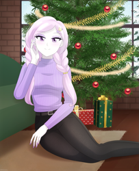 Size: 813x1000 | Tagged: safe, artist:riouku, derpibooru import, fleur-de-lis, human, equestria girls, g4, alternate hairstyle, belt, braid, brick wall, christmas, christmas lights, christmas tree, clothes, cute, denim, equestria girls-ified, eyeshadow, female, fingernails, hairclip, holiday, indoors, jeans, long sleeves, looking at you, makeup, nail polish, pants, pigtails, present, smiling, smiling at you, sweater, tree, turtleneck, twintails, window