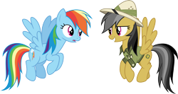 Size: 5641x3000 | Tagged: safe, artist:cloudy glow, derpibooru import, daring do, rainbow dash, pegasus, pony, g4, duo, duo female, female, hat, pith helmet, simple background, smiling, transparent background