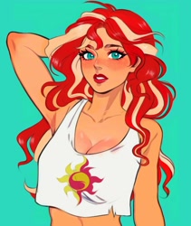 Size: 1080x1282 | Tagged: safe, alternate version, artist:chloe dawn, derpibooru import, sunset shimmer, human, g4, arm behind head, belly button, breasts, cleavage, clothes, cutie mark on clothes, female, freckles, humanized, midriff, simple background, solo, sunset jiggler, tanktop, teal background, torn clothes