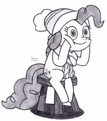 Size: 2498x2825 | Tagged: safe, artist:drchrisman, derpibooru import, pinkie pie, earth pony, pony, g4, black and white, clothes, female, grayscale, hat, monochrome, scarf, simple background, sitting, smiling, solo, stool, white background, winter hat, winter outfit
