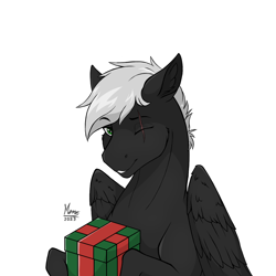 Size: 1514x1514 | Tagged: safe, artist:monolith_skyline, derpibooru import, oc, pegasus, pony, christmas, commission, holiday, looking at you, male, one eye closed, pegasus oc, present, smiling, smiling at you, wings, ych result, your character here