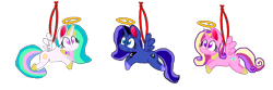 Size: 1316x439 | Tagged: source needed, safe, artist:mlpfan3991, derpibooru import, princess cadance, princess celestia, princess luna, alicorn, pony, g4, base used, christmas, christmas ornament, decoration, female, halo, holiday, simple background, transparent background