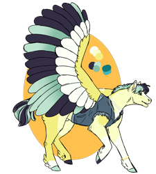 Size: 1800x2000 | Tagged: safe, artist:kitschykricket, derpibooru import, oc, oc only, pegasus, pony, anatomically incorrect, bracelet, butt fluff, cheek fluff, chest fluff, clothes, coat markings, color palette, colored wings, denim, denim jacket, ear fluff, ear piercing, earring, ears, facial markings, freckles, hooves, incorrect leg anatomy, jacket, jewelry, leg feathers, magical lesbian spawn, male, mismatched hooves, multicolored hooves, multicolored wings, neck fluff, necklace, nudity, offspring, orange background, pale belly, parent:coloratura, parent:songbird serenade, pastern (coat markings), piercing, sheath, simple background, socks (coat marking), solo, spread wings, stallion, stripe (coat marking), transparent background, unnamed oc, vest, wings