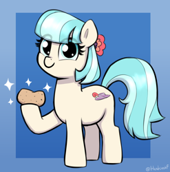 Size: 1808x1832 | Tagged: safe, artist:heretichesh, derpibooru import, coco pommel, earth pony, pony, g4, cocobetes, cute, eye clipping through hair, female, food, hoof hold, mare, missing accessory, potato, smiling, solo, sparkles