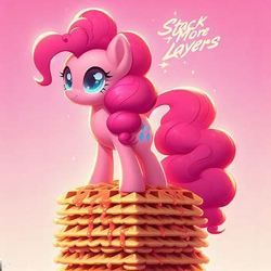 Size: 351x351 | Tagged: safe, ai content, derpibooru import, generator:dall-e 3, machine learning generated, pinkie pie, earth pony, pony, food, meme, ponified, ponified meme, solo, species swap, tower, waffle