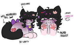 Size: 2359x1450 | Tagged: safe, artist:wtfponytime, derpibooru import, earth pony, pony, :3, bell, bell collar, bow, cat ears, clothes, collar, concept art, cosplay, costume, lying down, mimicry, neko, paw pads, paws, ponyloaf, prone, simple background, socks, solo, tail, tail bow, toe beans, underpaw, whiskers, white background