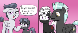Size: 3000x1296 | Tagged: safe, artist:heretichesh, derpibooru import, rumble, thunderlane, oc, oc:s.leech, oc:tumble, pegasus, pony, unicorn, g4, 2 panel comic, canon x oc, coat markings, comic, dialogue, father and child, father and daughter, female, filly, foal, implied male pregnancy, male, mare, nervous sweat, offspring, older, older rumble, parent and child, parent:oc:s.leech, parent:rumble, parents:canon x oc, shipping, speech bubble, stallion, straight, talking to viewer, thought bubble