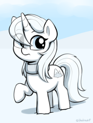 Size: 928x1222 | Tagged: safe, artist:heretichesh, derpibooru import, oc, oc only, oc:whiteout, pony, unicorn, clothes, eye clipping through hair, female, filly, foal, raised hoof, raised leg, scarf, snow, solo